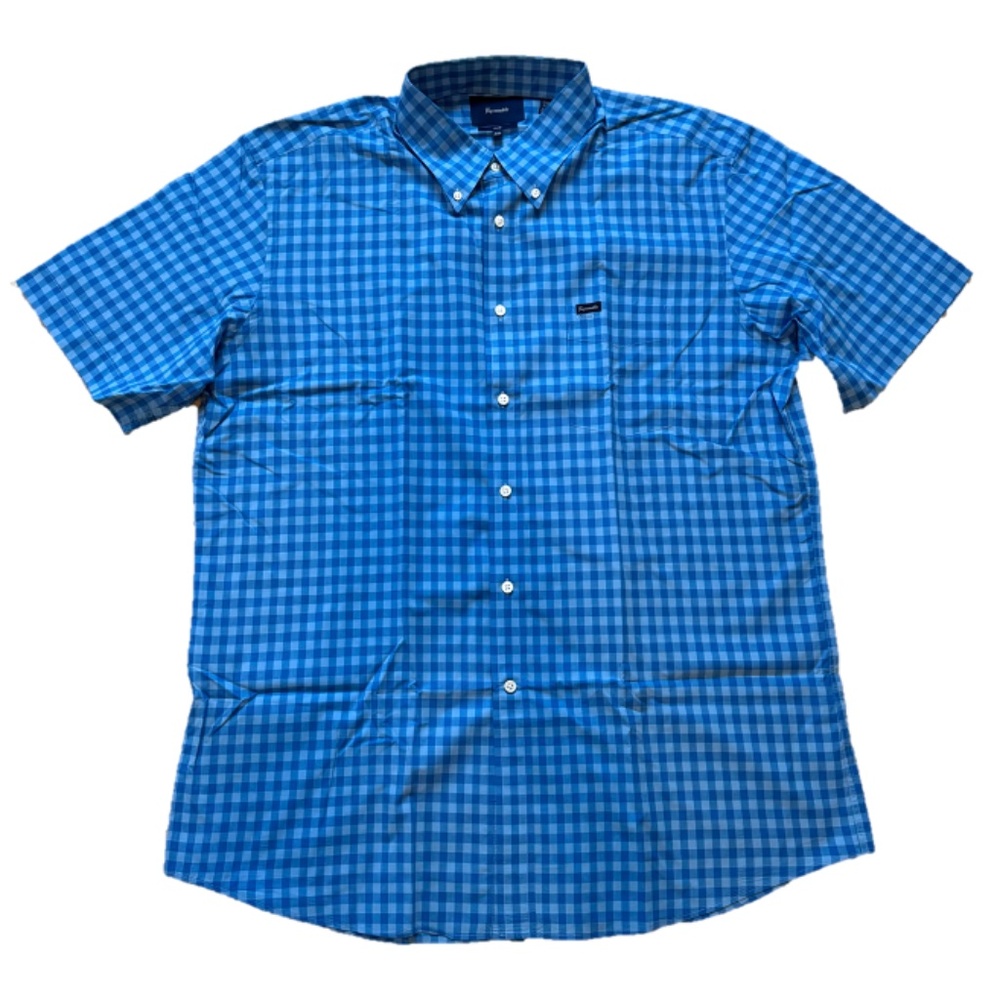 FAÇONNABLE Men’s “Club” 100% Cotton Short-Sleeve Blue Checkered Shirt Sz XXL